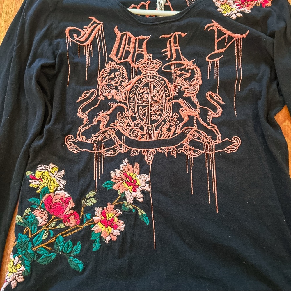 Johnny Was LA Black Long Sleeve Embroidered Shirt Top Floral Logo Amour Heart M - Picture 8 of 14